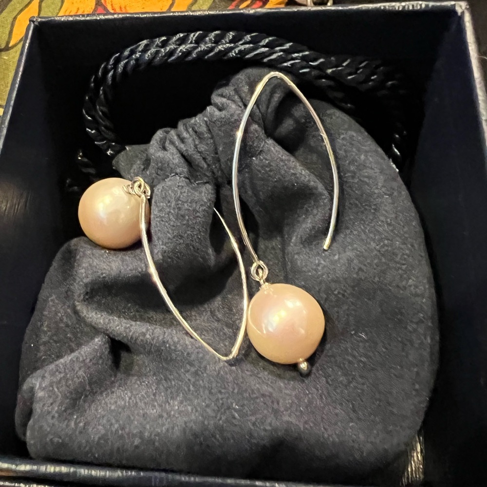 Pretty Faux Pearl Drop Earrings. Silver colored loops.